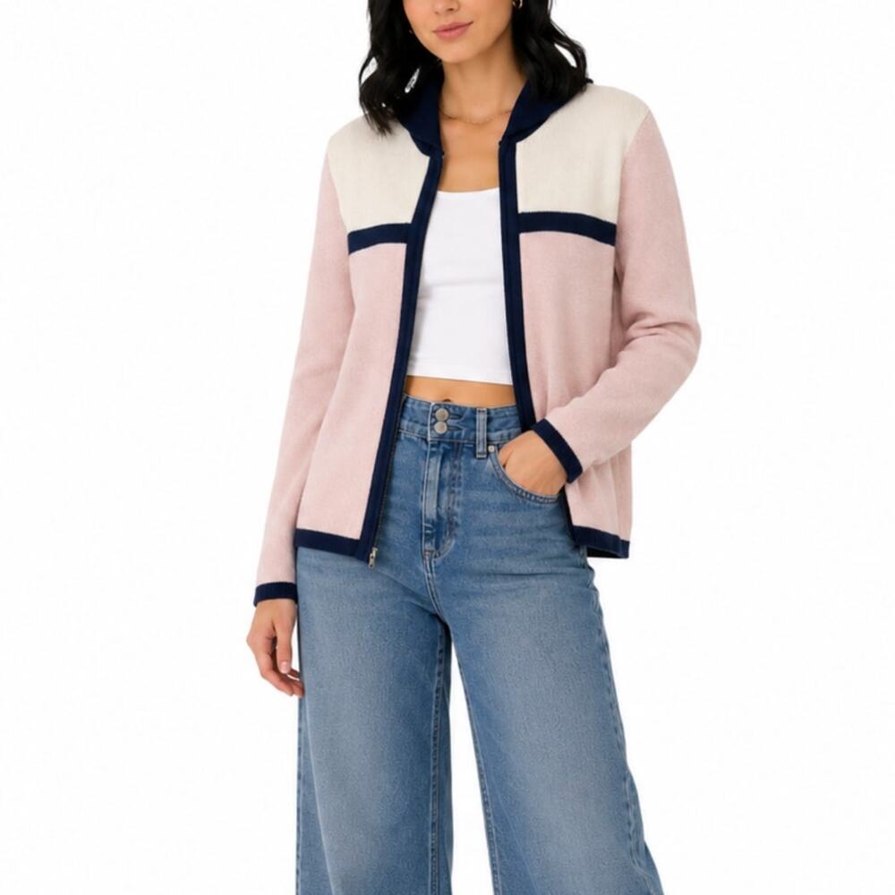 San Remo 1980s Vintage Pastel Pink Color Block Zipper Knit Sweater Small